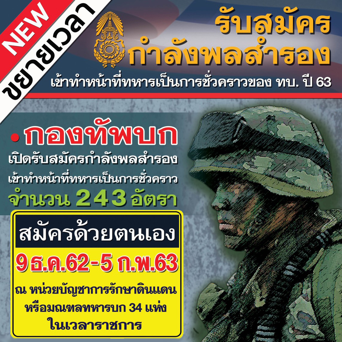 ขยายเวลา!!  รับสมัครกำลังพลสำรองเข้าทำหน้าที่ทหารเป็นการชั่วคราว