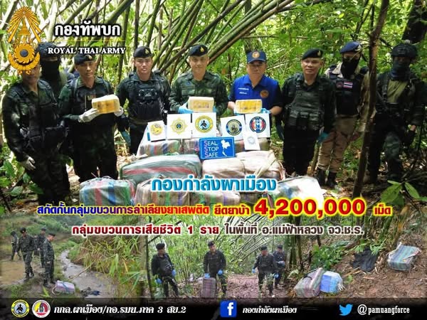 กองกำลังผาเมือง สกัดกั้นกลุ่มขบวนการลักลอบลำเลียงยาเสพติด ยึดยาบ้า จำนวน 4,200,000 เม็ด กลุ่มขบวนการฯ เสียชีวิต 1 ราย ในพื้นที่ อำเภอแม่ฟ้าหลวง จังหวัดเชียงราย