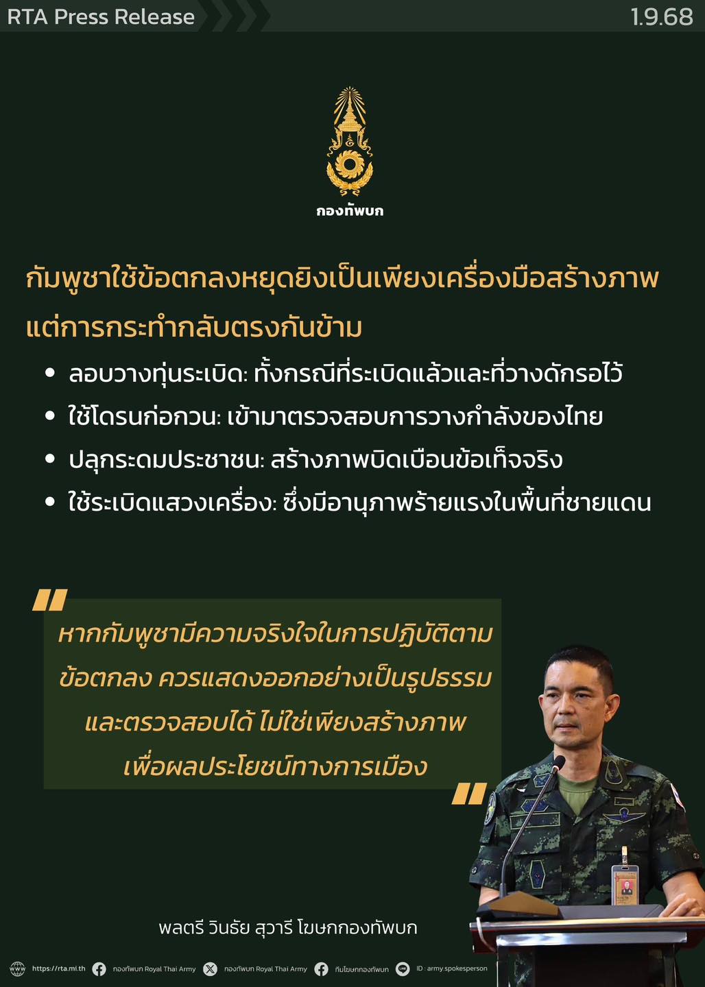 กองทัพบกชี้คำกล่าวอ้างกัมพูชา พบพฤติกรรมขัดแย้งกับภาพลักษณ์ “ประเทศรักสันติภาพ”